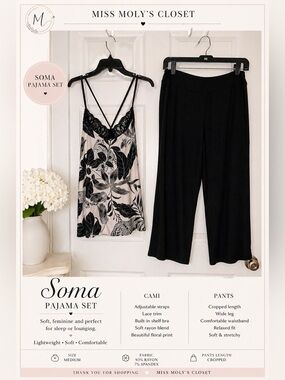 Soma Pajama Set M Black Cropped Pants Lace Shelf Bra Cami Soft Rayon Stretch